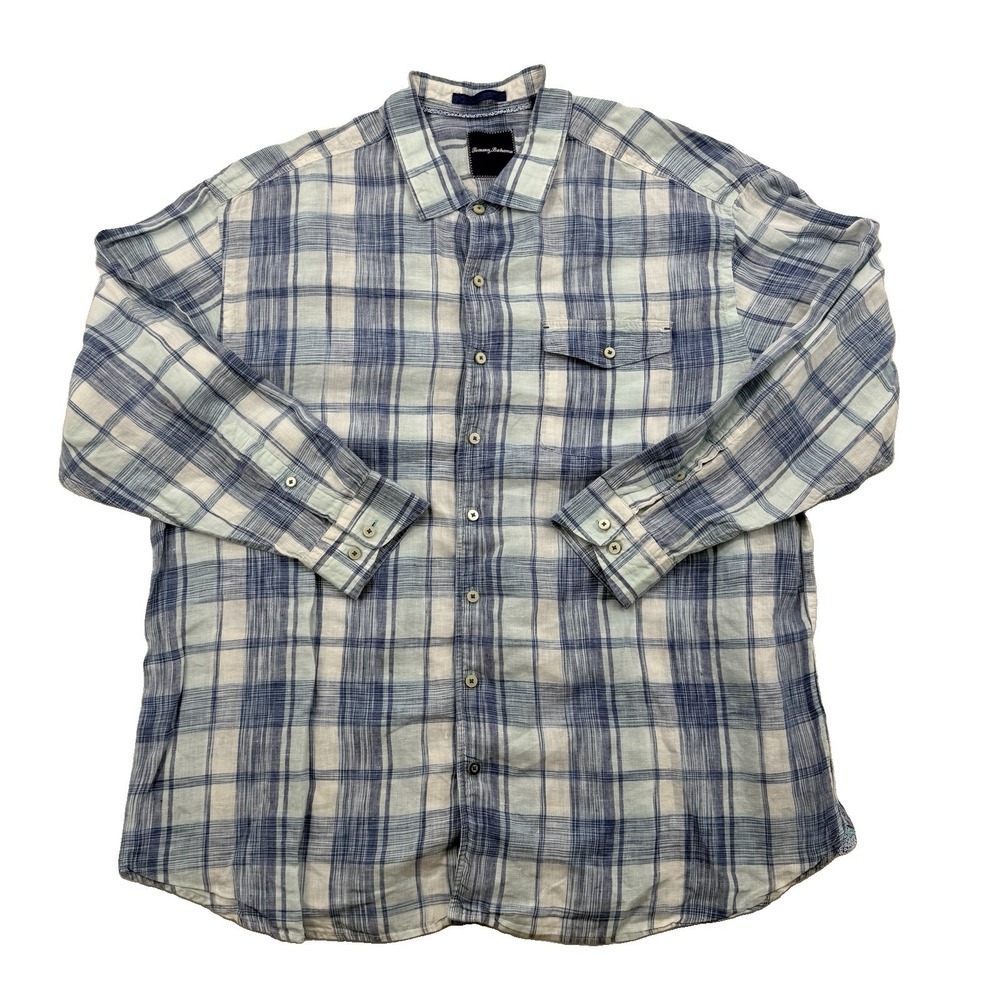 Tommy Bahama 100% Linen Shirt Mens 2XB Big Blue Plaid Button Down Long Sleeve